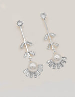 sparkling silver pearl earrings with baguette crystal fan, layering earrings for women, tiktok viral prom jewellery canada