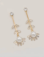 dainty gold pearl drop earrings with crystal fan design, clean girl jewellery 2024, chic earrings for canadian women