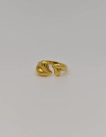 Close-up of heart-inspired 14k gold wedding ring front view