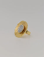 Gold and silver open bloom vintage engagement ring front view