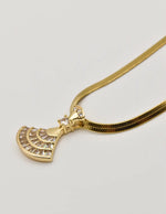 close up of gold fan pendant necklace with cubic zirconia accents, minimalist pendant necklace canada jewellery