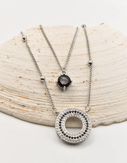 silver double layer circle pendant necklace with black gemstone accent, trending layering necklaces for women Canada