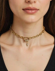 18K gold-plated choker necklace featuring pave crystal rings