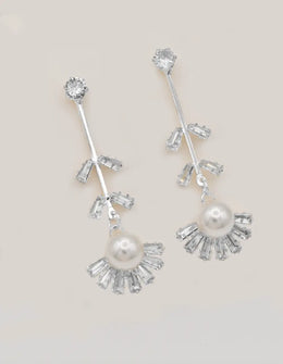 sparkling silver pearl earrings with baguette crystal fan, layering earrings for women, tiktok viral prom jewellery canada