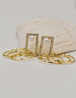 trendy luxe pearl glam dangling earrings with multiple gold hoops and pearl stud, chic gift for her jewellery Canada