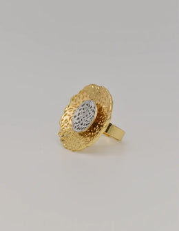 Gold and silver open bloom vintage engagement ring front view