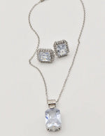 radiant_glamour_silver_set silver chain with rectangular crystal pendant and earrings, layering necklaces for women clean girl jewelry 2025