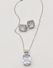 radiant_glamour_silver_set silver chain with rectangular crystal pendant and earrings, layering necklaces for women clean girl jewelry 2025