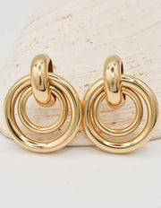 glossy gold earrings women with geometric hoop pattern, minimalist canadian jewellery for everyday outfits