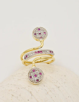 radiant twist golden stone wedding ring with ruby and diamond accents, elegant engagement jewellery for women in canada